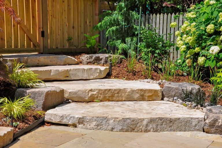 Huge natural stone slab steps create a beautiful landscape