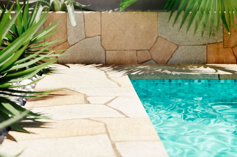 Luxury swimming pool with tropical plants and stone path