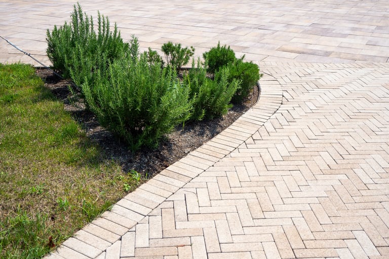 Stone pathway in herringbone pattern with green bushes