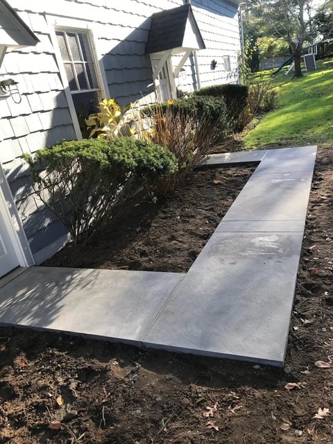 Concrete walkway leading to side entrance of house with landscaping and shrubs along dark mulch bed