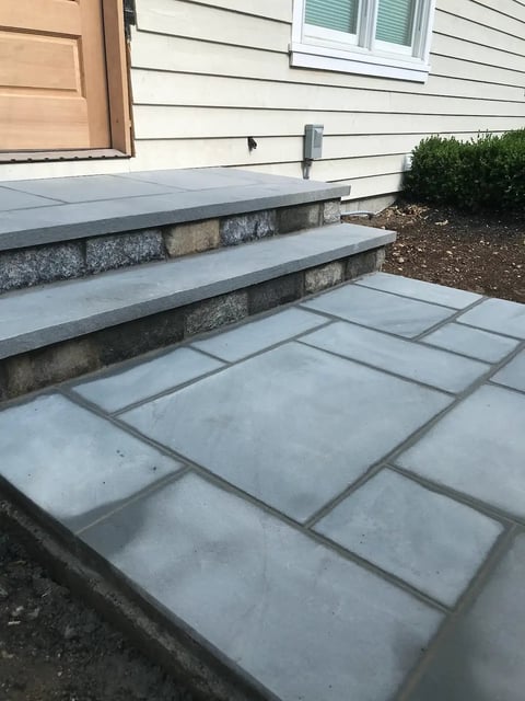 Concrete patio and steps leading to a house entrance with white siding and landscaping bushes