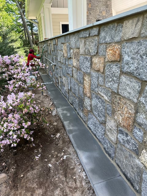 Narrow pathway beside stone wall with blooming pink flowers and green foliage along residential building exterior