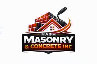 Nash Masonry and Concrete Inc logo featuring a red brick house with trowel and orange swoosh design